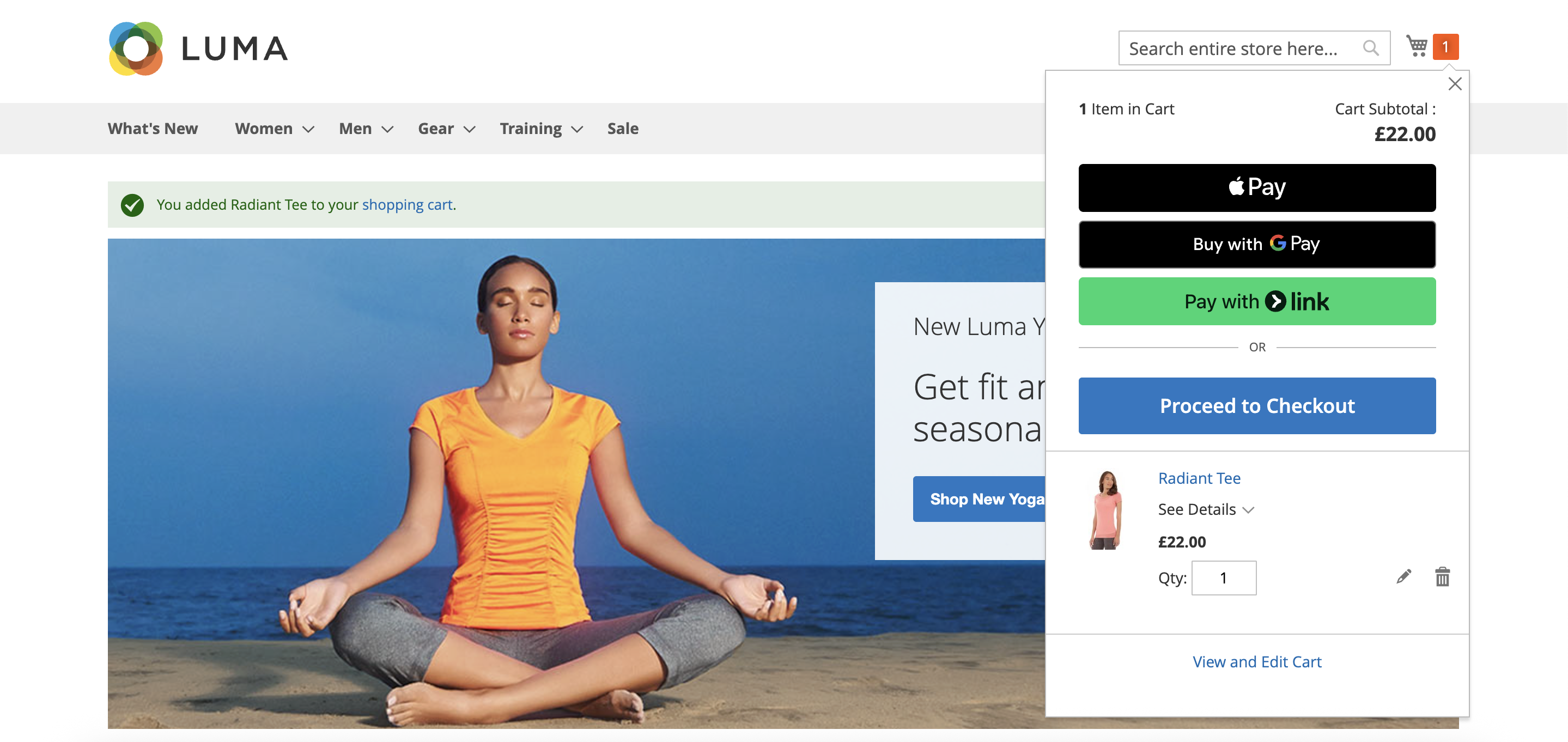 Magento demo storefront with Apple Pay, Google Pay and Pay with Link in cart