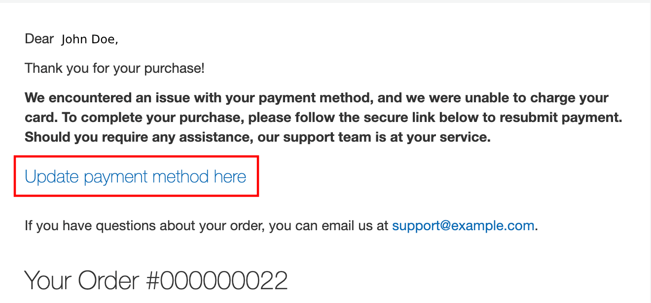 Smart Capture recovery email received by the customer